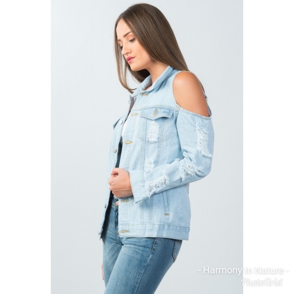 Cold Shoulder Distressed Denim Jacket - Picture 3 of 8